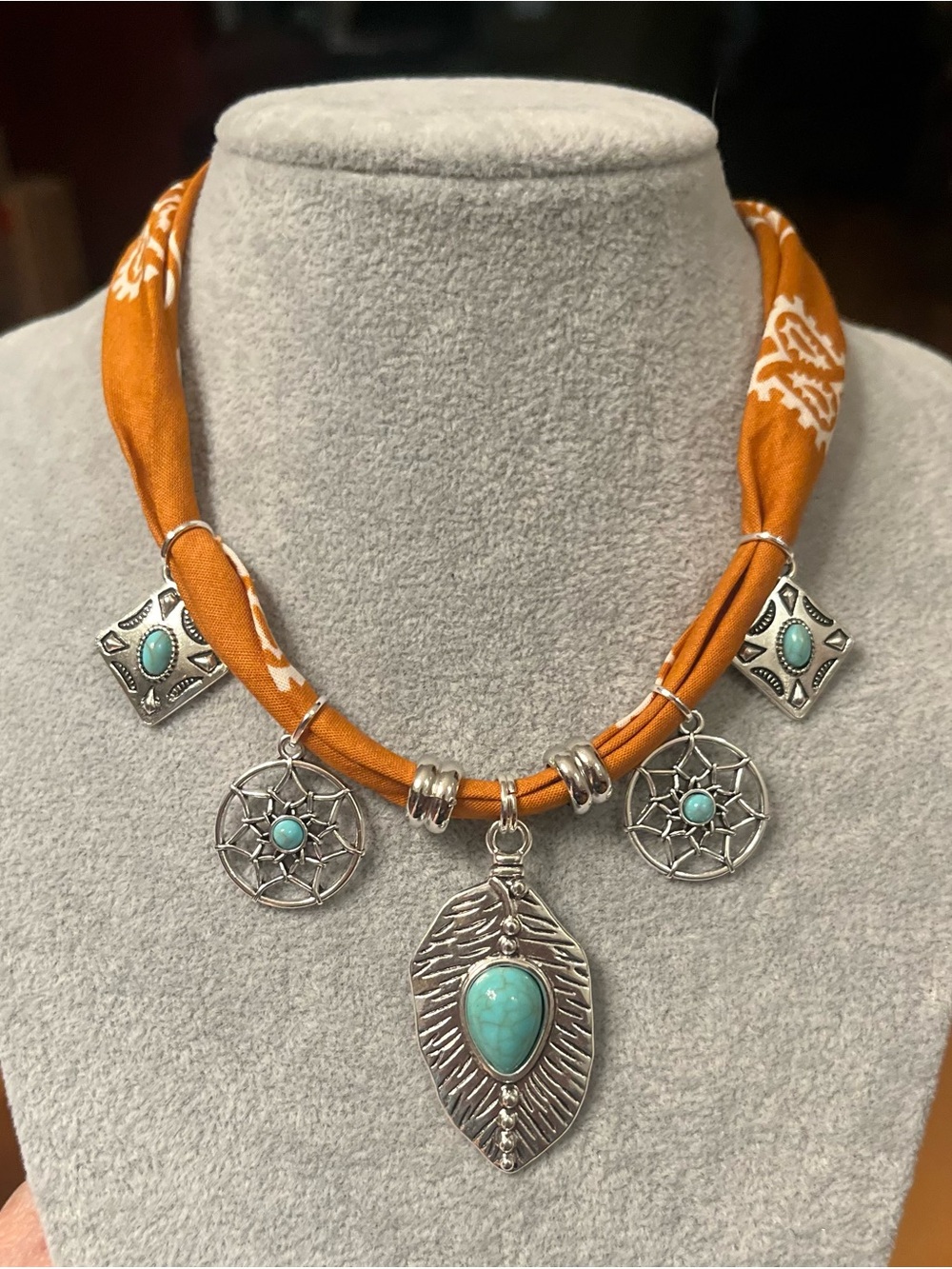 Boho Bandana Choker Terracotta & Turquoise Southwest Pendant